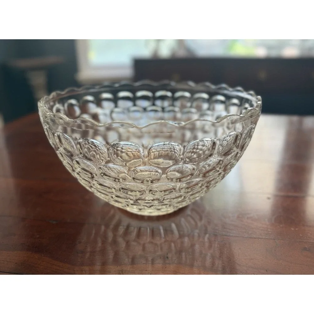 Vintage Federal Glass Yorktown Punch Bowl Clear Colonial Thumbprint Scalloped